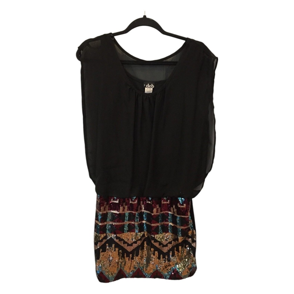 Deb Mini Dress Sequin Scoop‎ Neck Sleeveless Black Multi Womens XL 1264121D